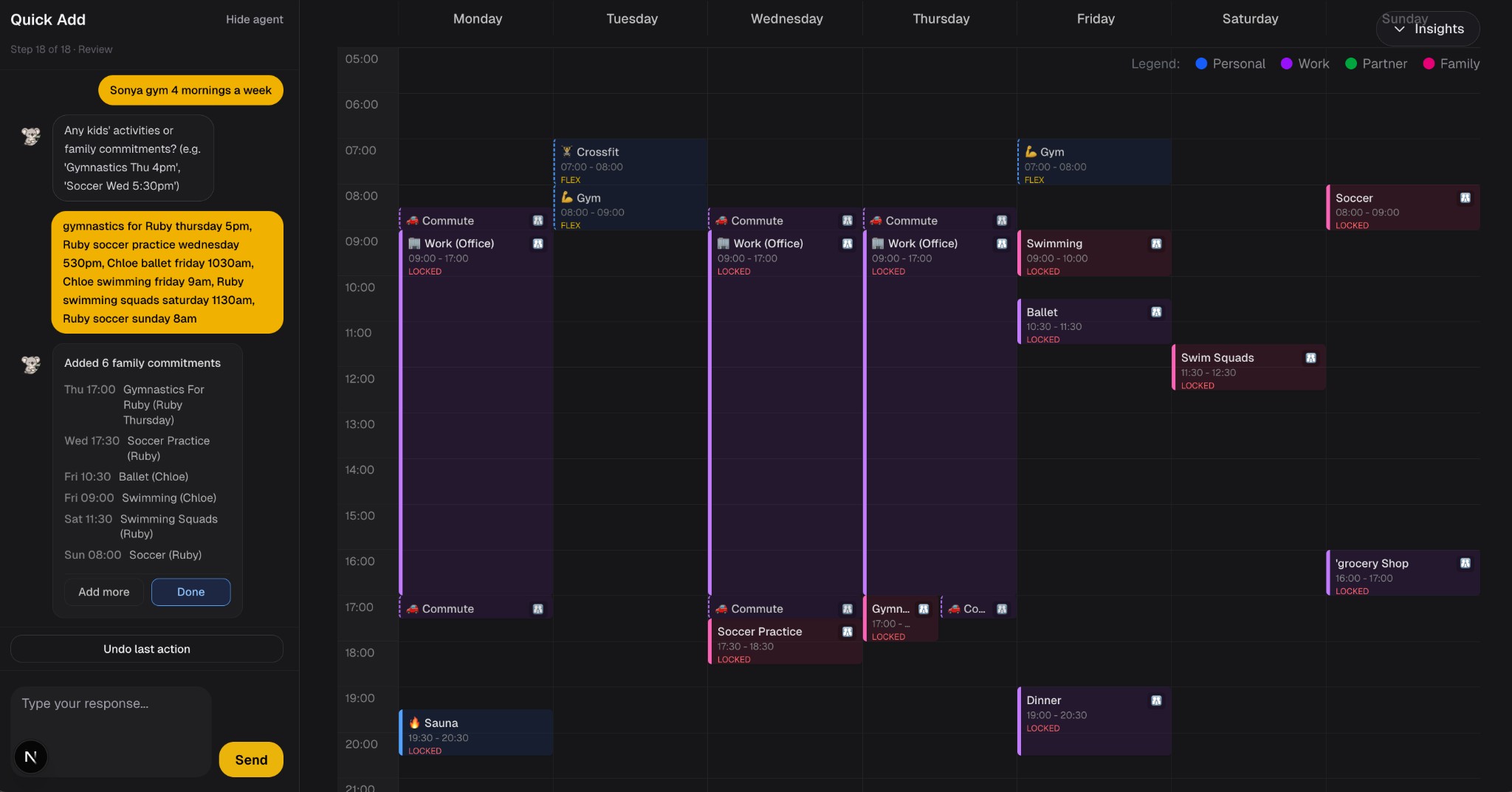 Weeklee interface showing chat and generated calendar
